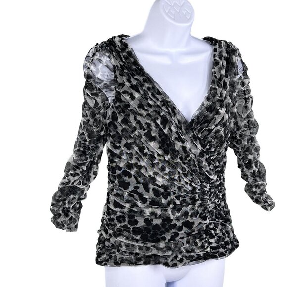 Tadashi Shoji Womens M Leopard Print Ruched Mesh Top V Neck 3/4 Sleeves Blouse - Picture 5 of 15